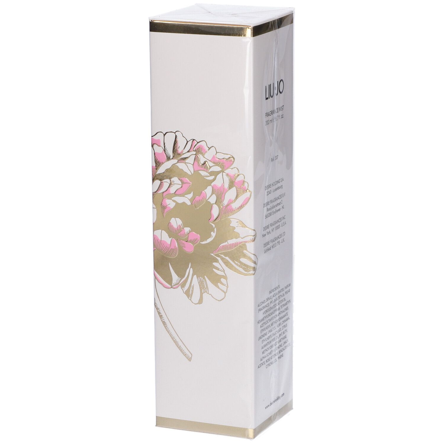 Scatola bianca con illustrazione di peonia e dettagli dorati. LIU JO Magnetic Peony.