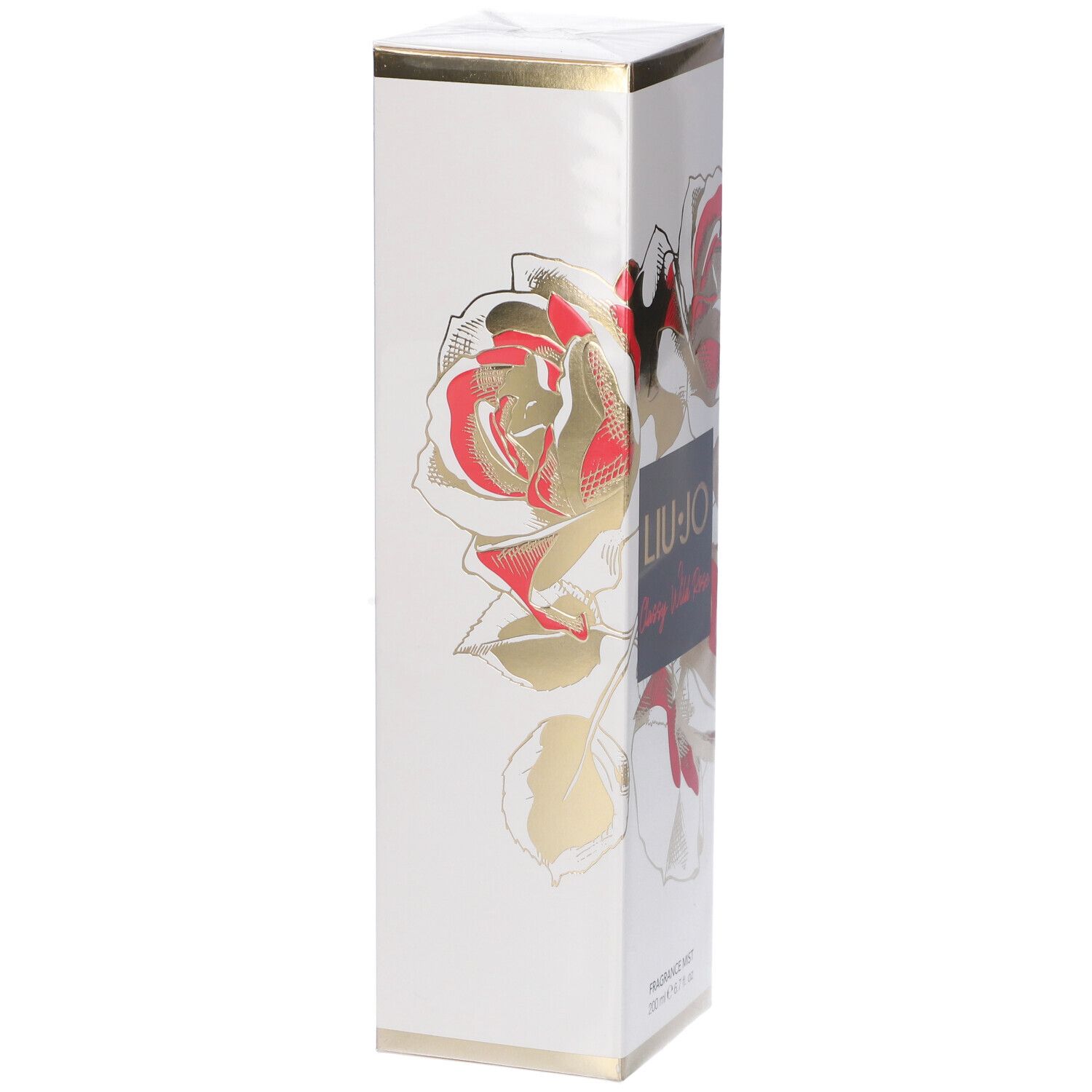 Scatola bianca con motivo floreale e dettagli dorati. LIU JO, Classy Wild Rose, Fragrance Mist.