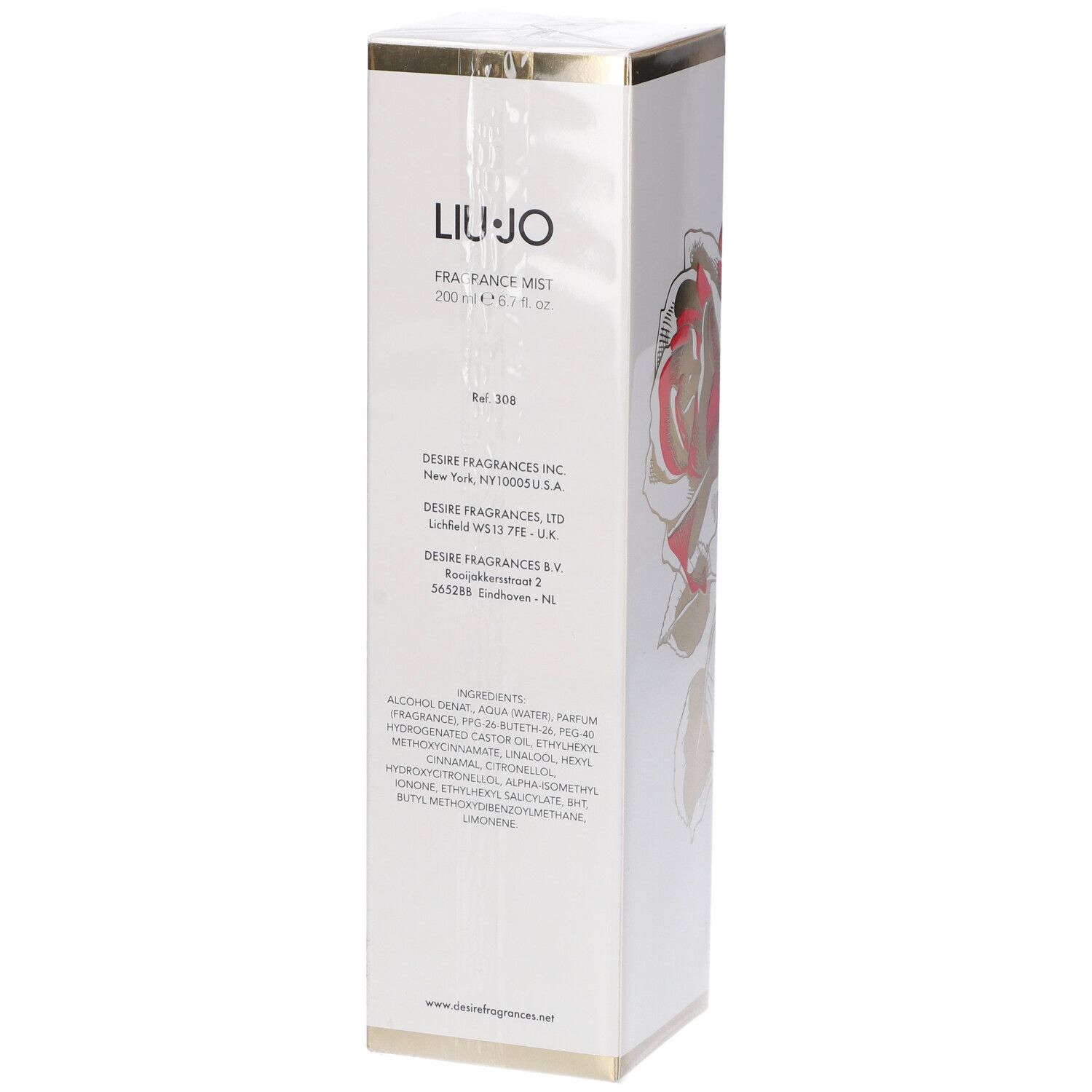 Scatola bianca con motivo floreale e testo. LIU JO, Fragrance Mist. Informazioni produttore.