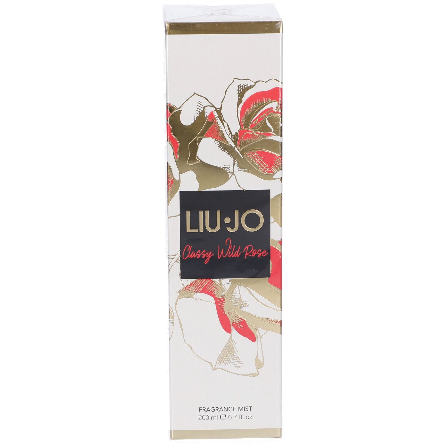 Scatola bianca con dettagli dorati e motivo floreale. LIU JO, Classy Wild Rose, Fragrance Mist.