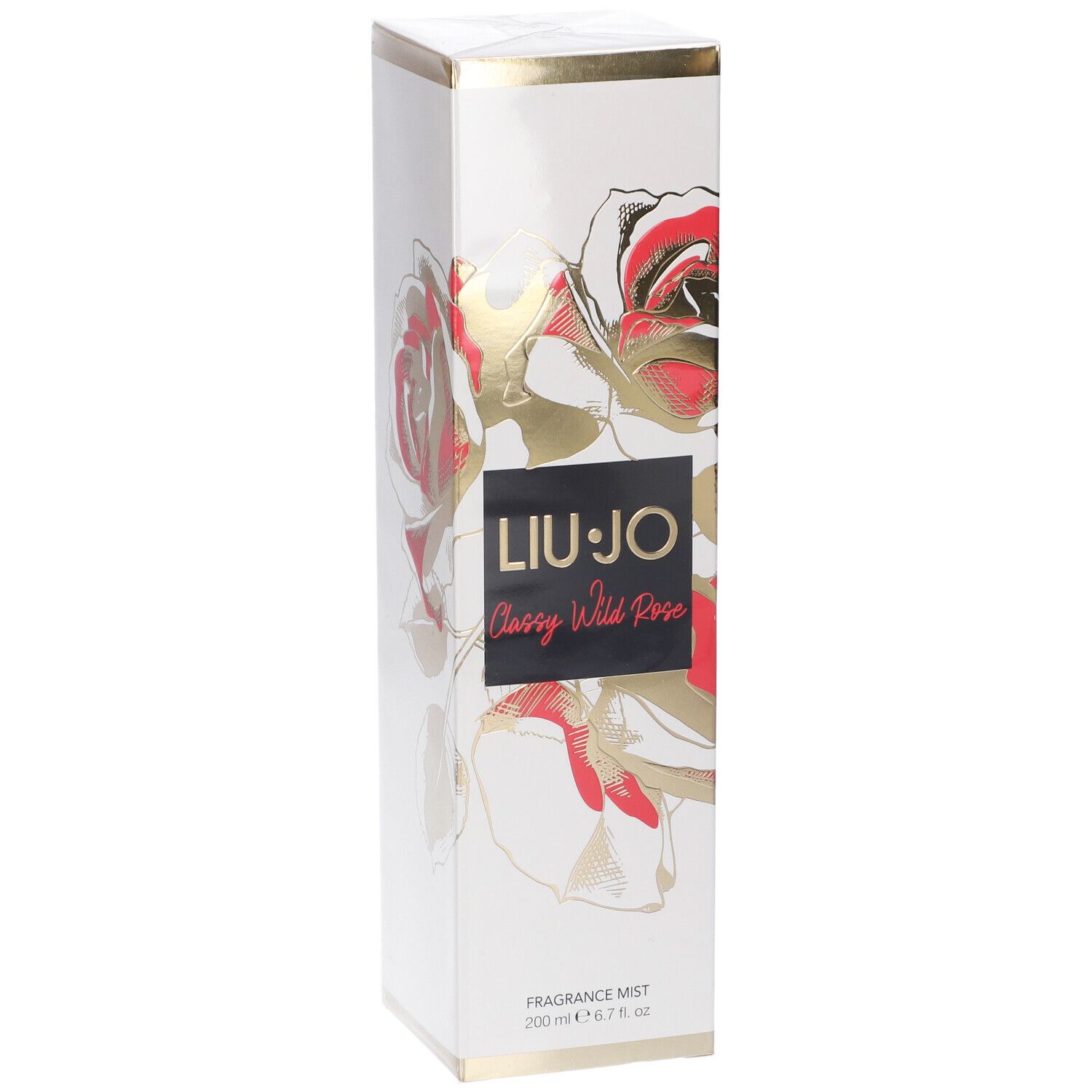 Scatola bianca con dettagli dorati e motivo floreale. LIU JO, Classy Wild Rose, Fragrance Mist.