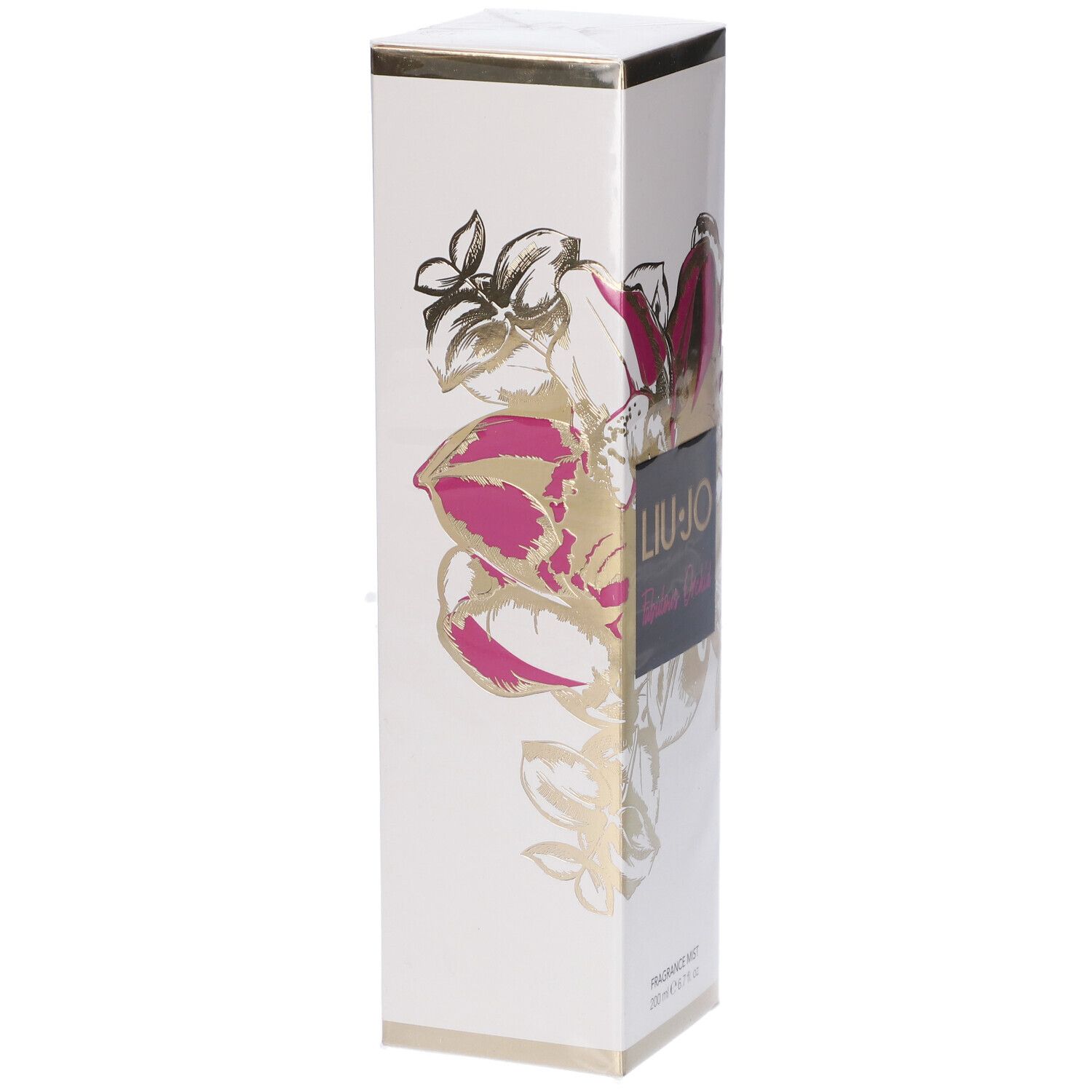 Confezione rettangolare bianca con motivi floreali oro e rosa. LIU-JO Fabulous Orchid su etichetta nera.