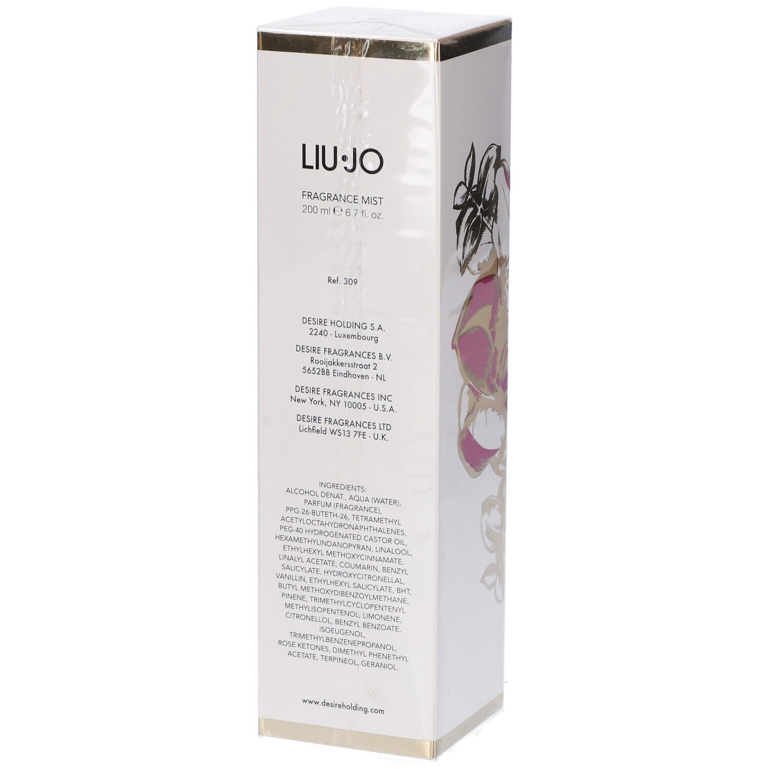 Confezione rettangolare bianca con motivi floreali oro e rosa. Testo con ingredienti e informazioni del produttore.