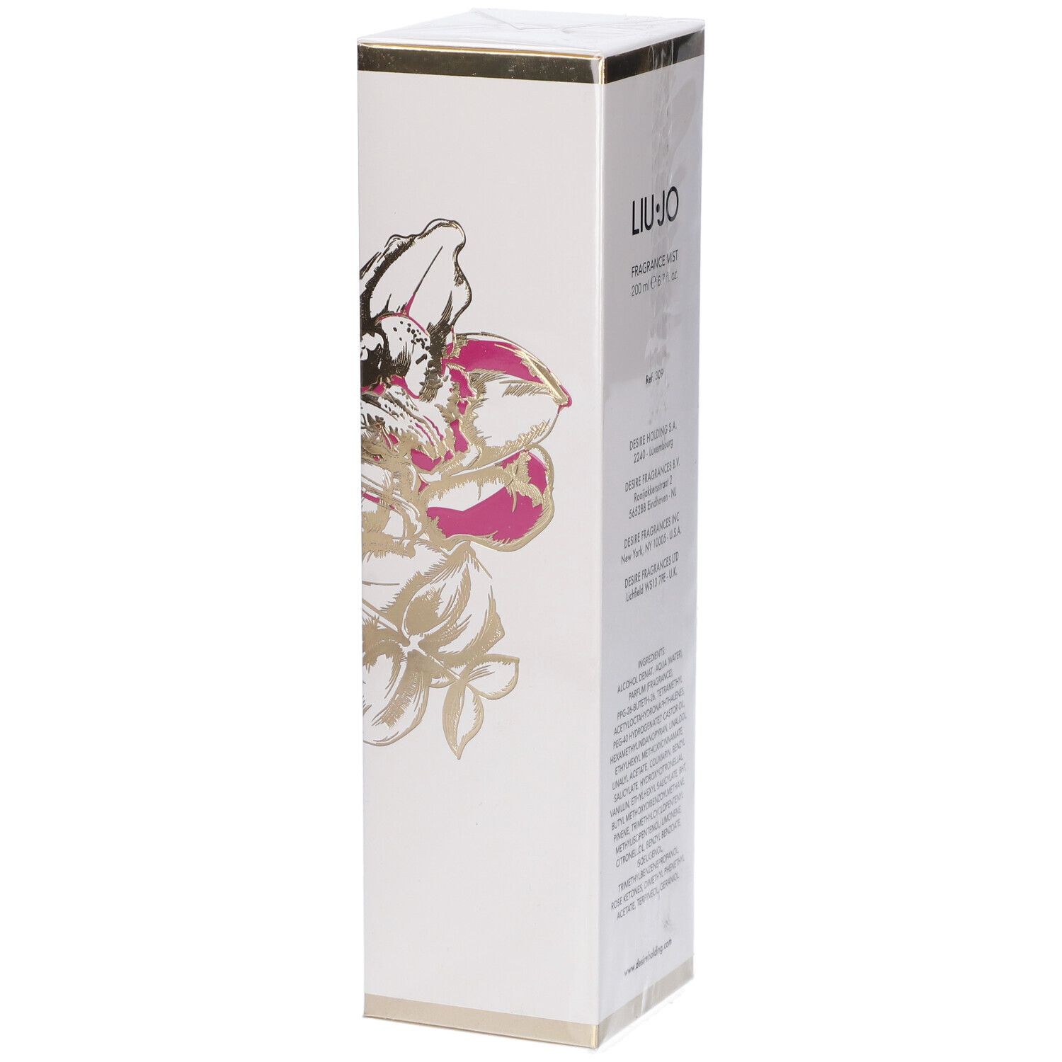 Confezione rettangolare bianca con motivi floreali oro e rosa. Logo LIU-JO e testo.