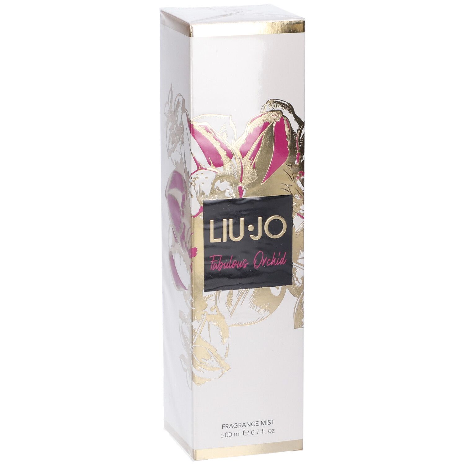 Confezione rettangolare bianca con motivi floreali oro e rosa. Etichetta nera con LIU-JO Fabulous Orchid.