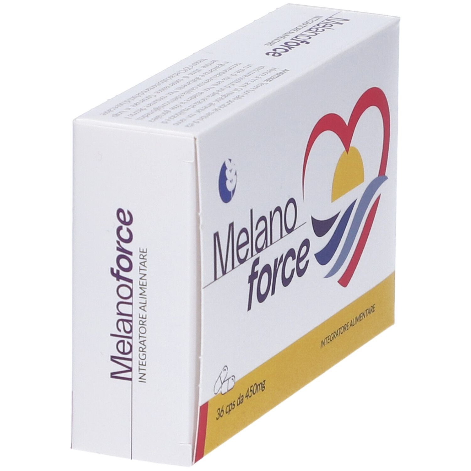 Scatola Melanoforce, angolata. Bianca, logo, cuore e onde. 36 capsule, 450mg. Integratore alimentare.