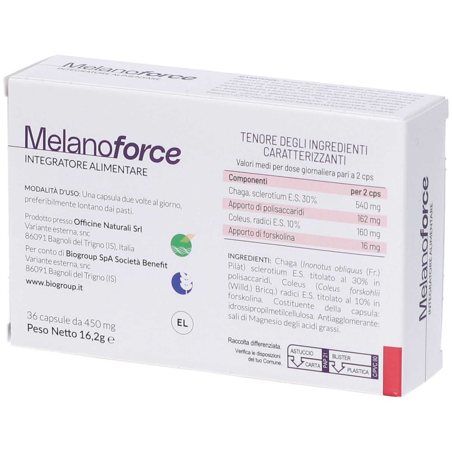 Retro della scatola Melanoforce. Ingredienti, dosaggio, informazioni produttore. 36 capsule, 450mg. Peso netto 16,2g.