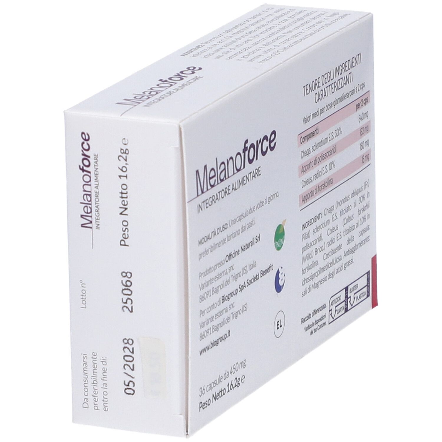 Vista angolata della scatola Melanoforce. Ingredienti, dosaggio, informazioni produttore. 36 capsule, 450mg.