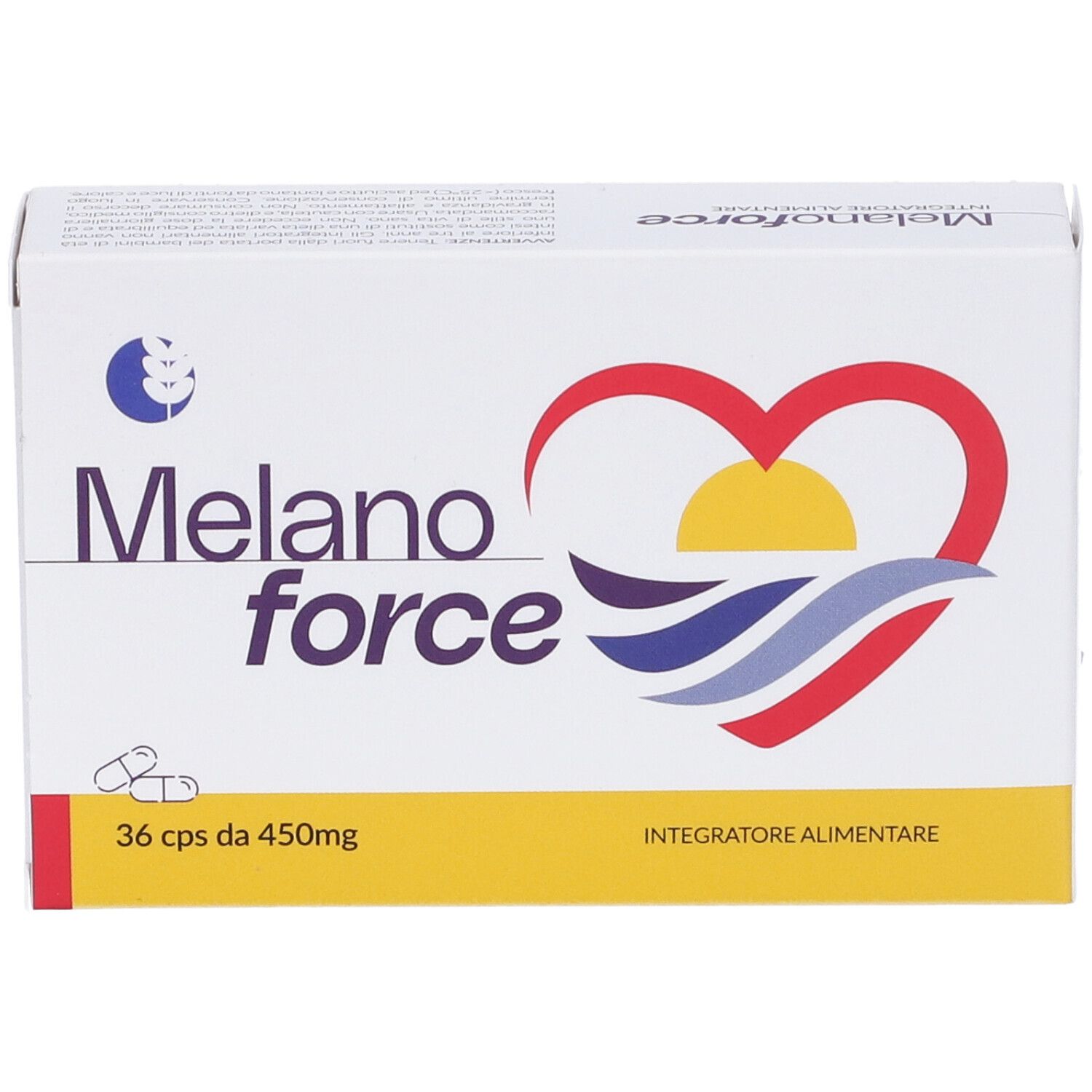 Scatola di capsule Melanoforce. Bianca, logo, cuore e onde. 36 capsule, 450mg. Integratore alimentare.