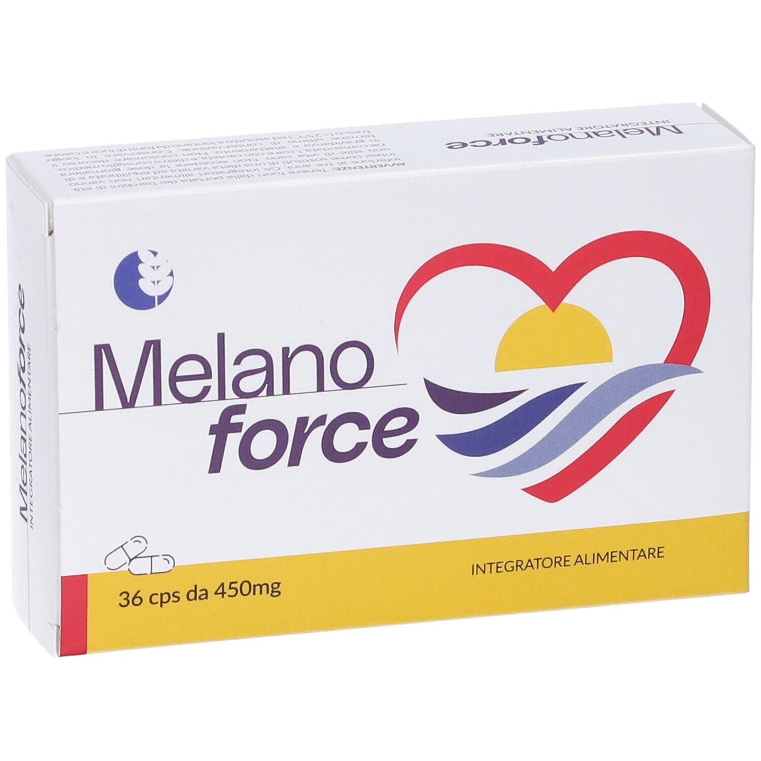 Scatola di capsule Melanoforce. Bianca, logo, cuore e onde. 36 capsule, 450mg. Integratore alimentare.
