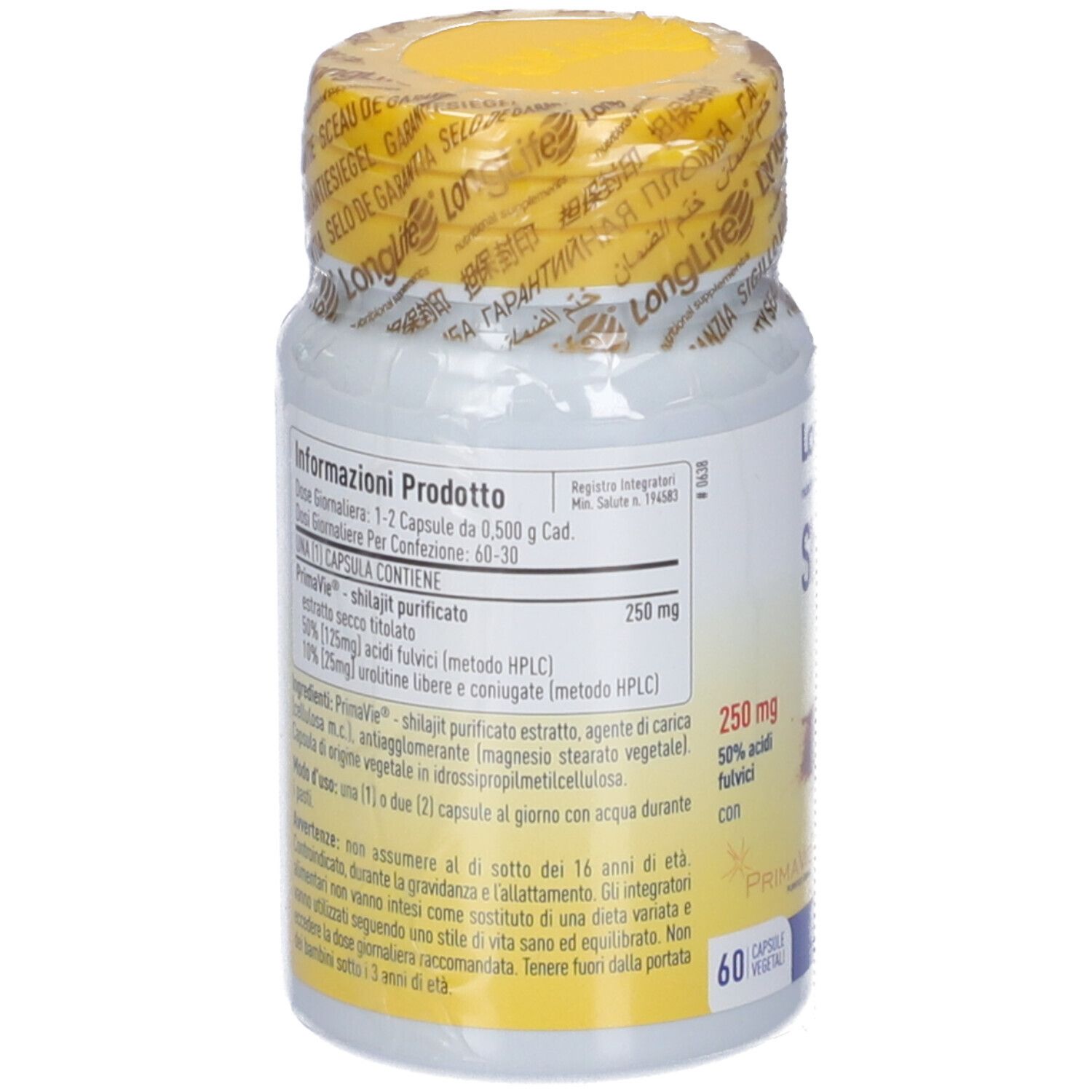 Retro della confezione di capsule. Contiene informazioni sul prodotto e ingredienti. Senza glutine.