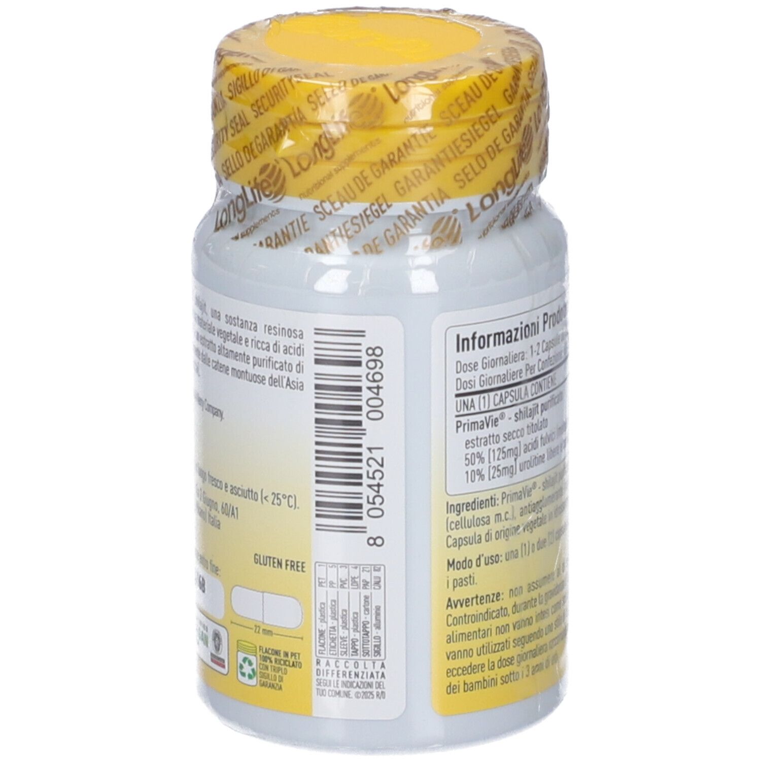 Retro della confezione di capsule. Informazioni sugli ingredienti e istruzioni per l'uso. Senza glutine.