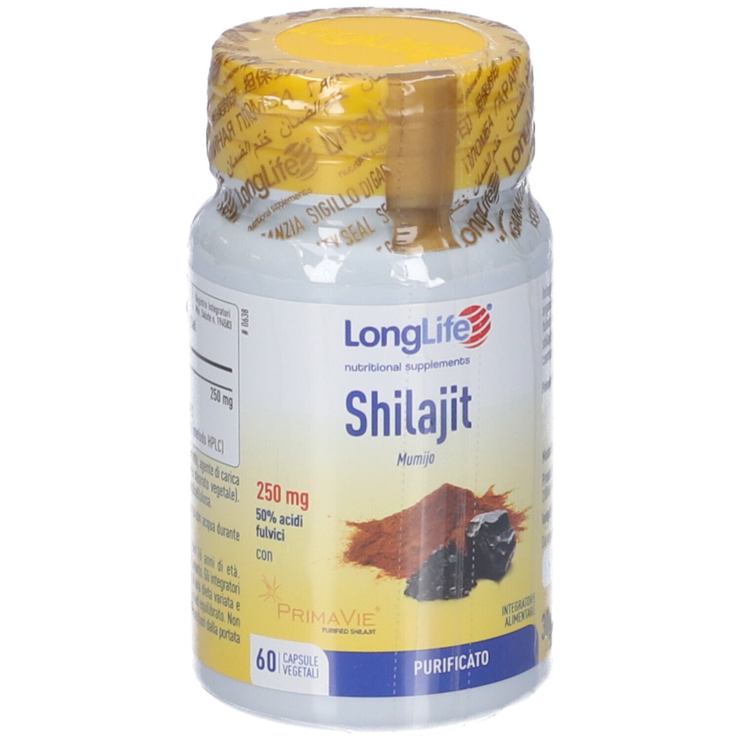 Flacone di capsule LongLife Shilajit. Contiene 60 capsule. Scritta: 250 mg, 50% acidi fulvici.