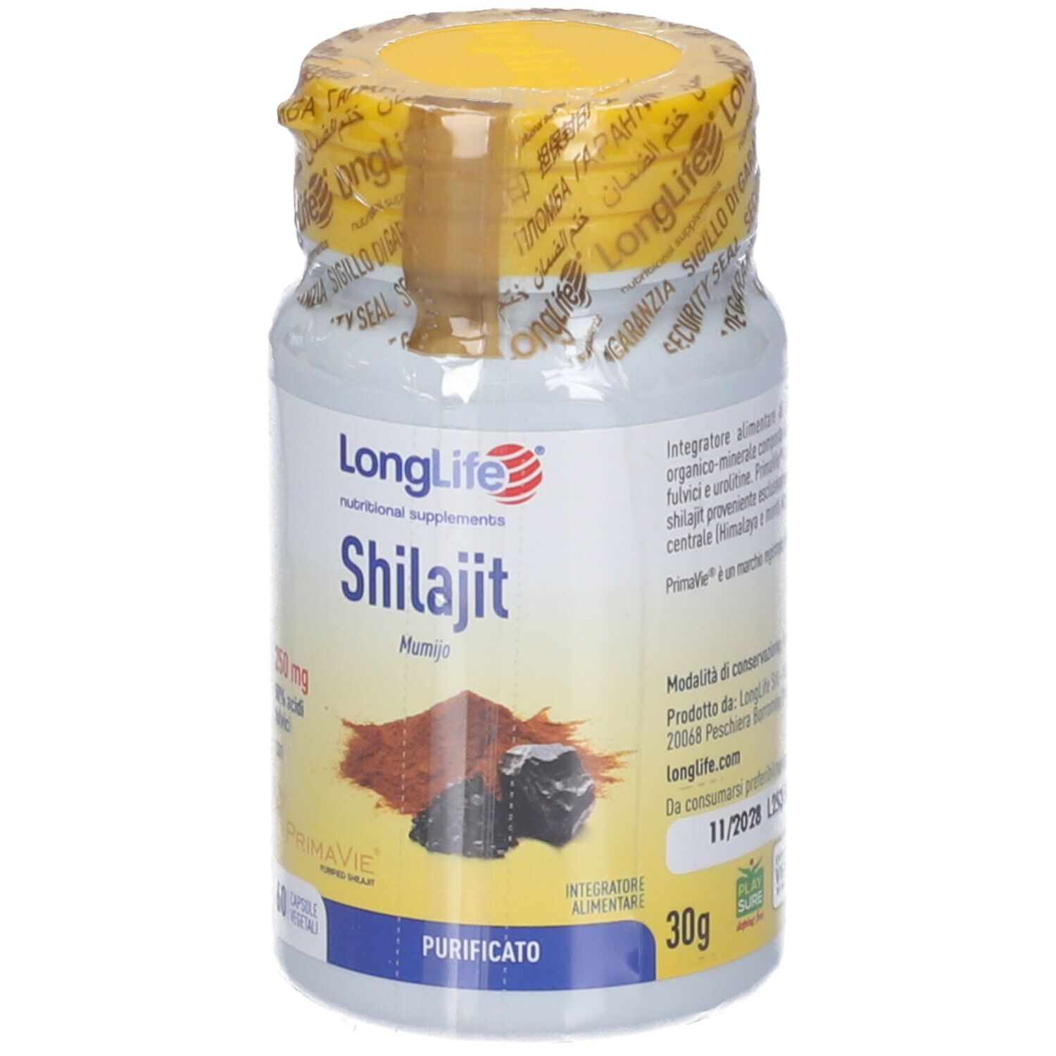 Flacone di capsule LongLife Shilajit. Contiene 30g. Scritta: 250 mg, 50% acidi fulvici. Purificato.