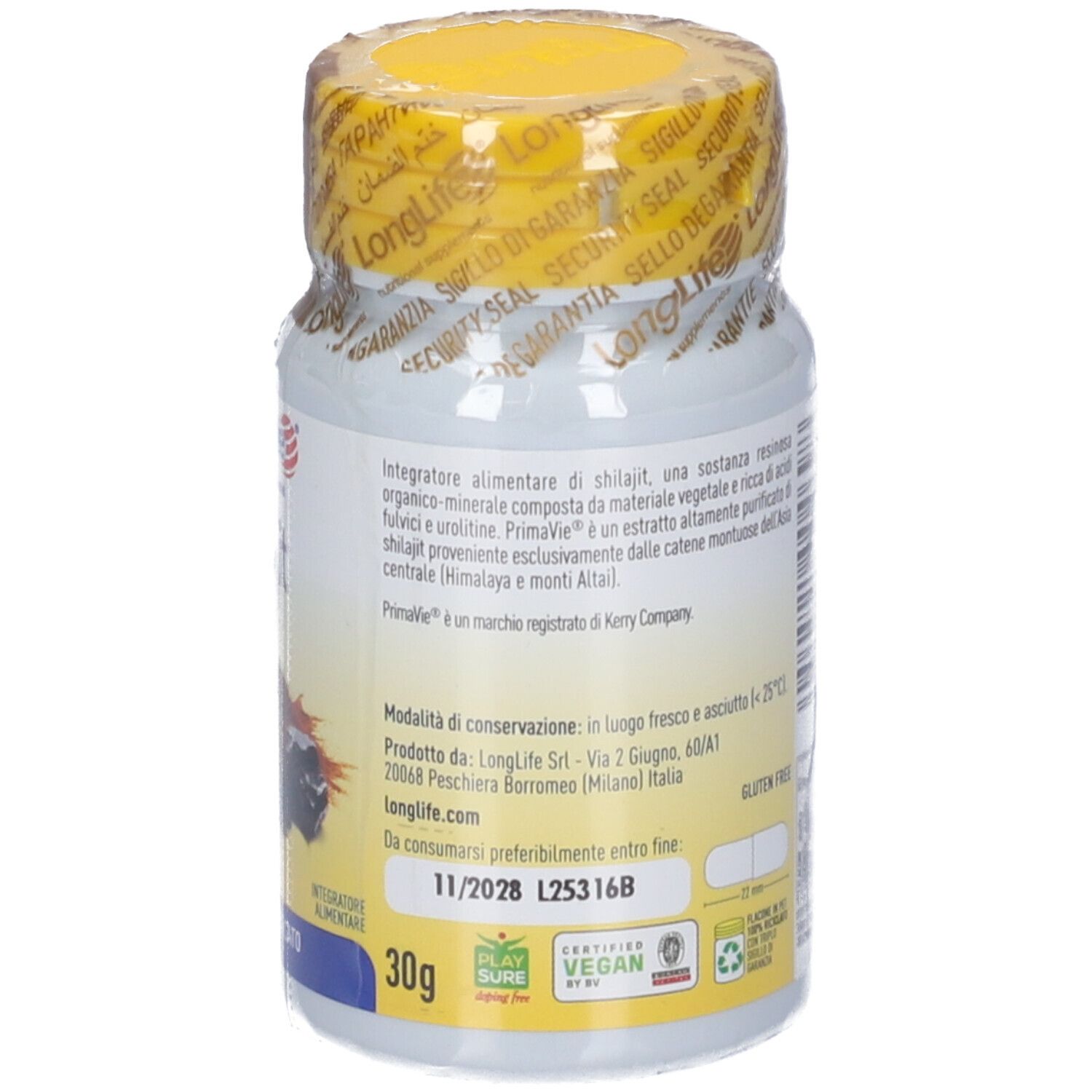 Retro della confezione di capsule. Contiene informazioni sul prodotto e ingredienti. Senza glutine.