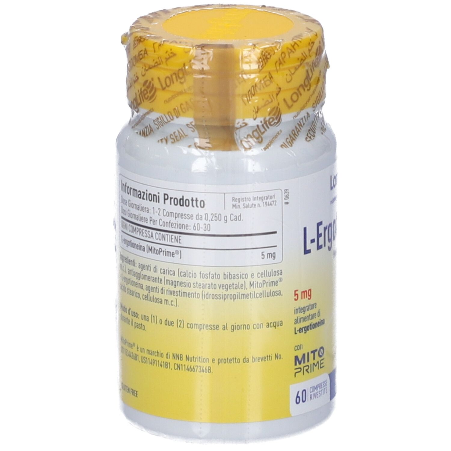 Retro del flacone di compresse di ergothioneina. Informazioni testuali, ingredienti e dosaggio. Tappo giallo.