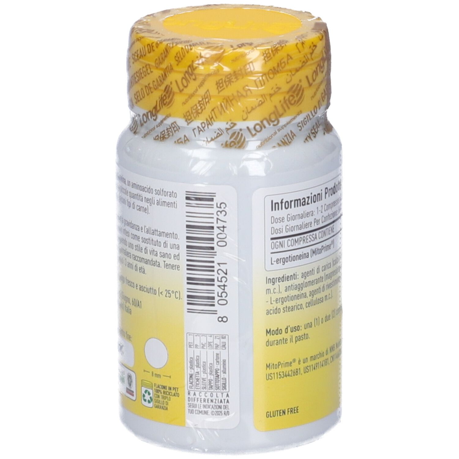 Retro del flacone di compresse di ergothioneina. Codice a barre, informazioni testuali e tappo giallo.