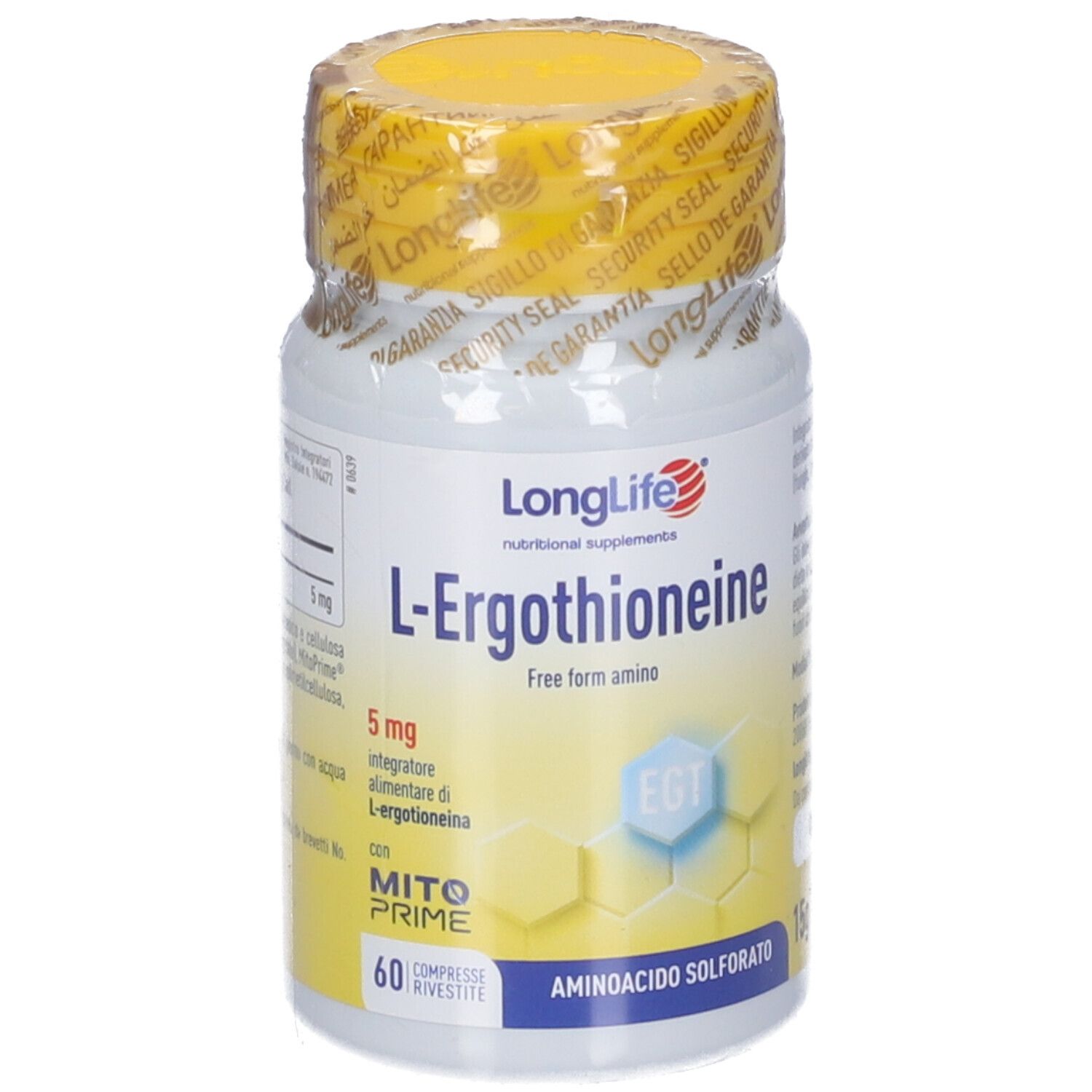 Flacone di compresse di ergothioneina, flacone bianco con tappo giallo. Scritta: LongLife, L-Ergothioneine, 5 mg.