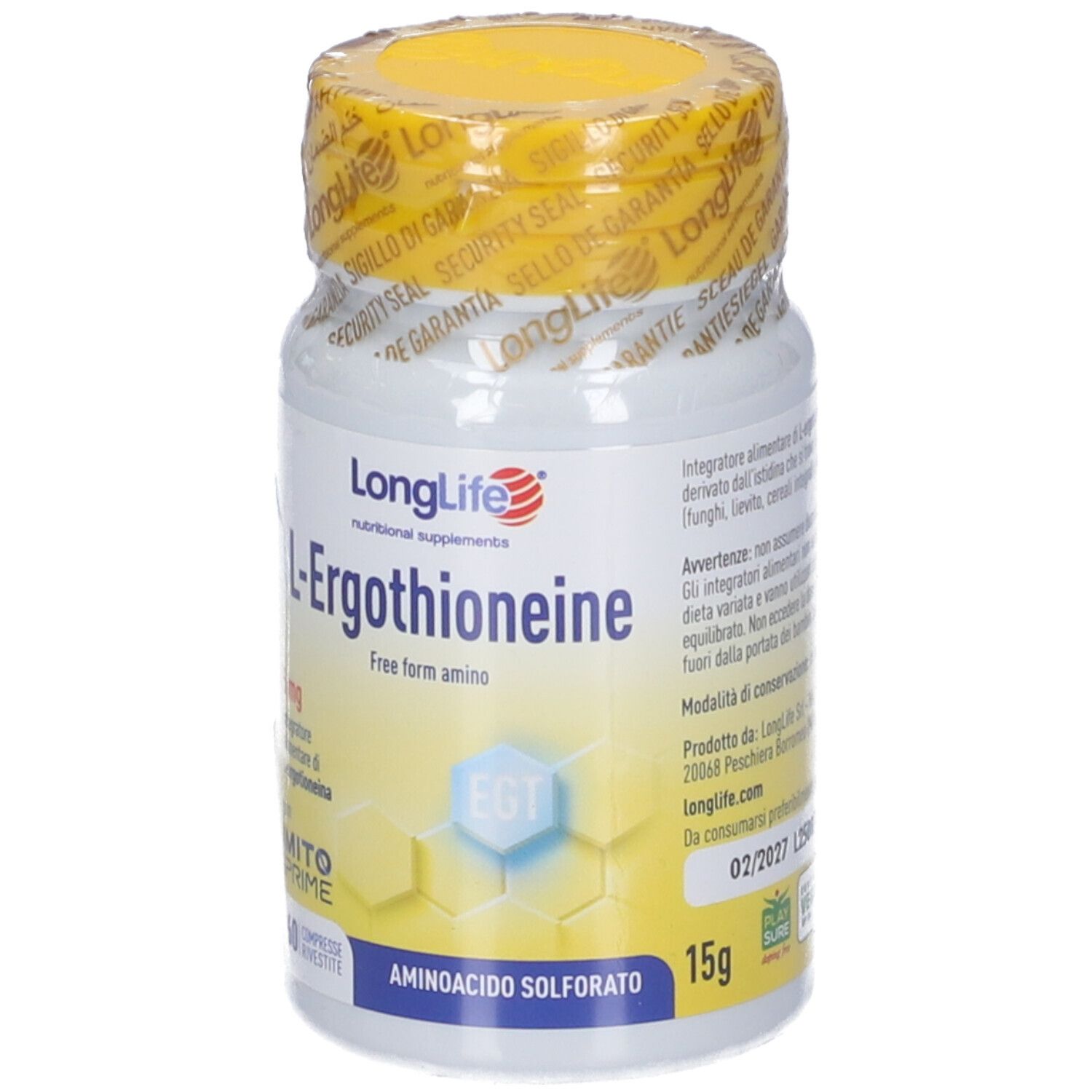 Flacone di compresse di ergothioneina, flacone bianco con tappo giallo. Scritta: LongLife, L-Ergothioneine, 15g.