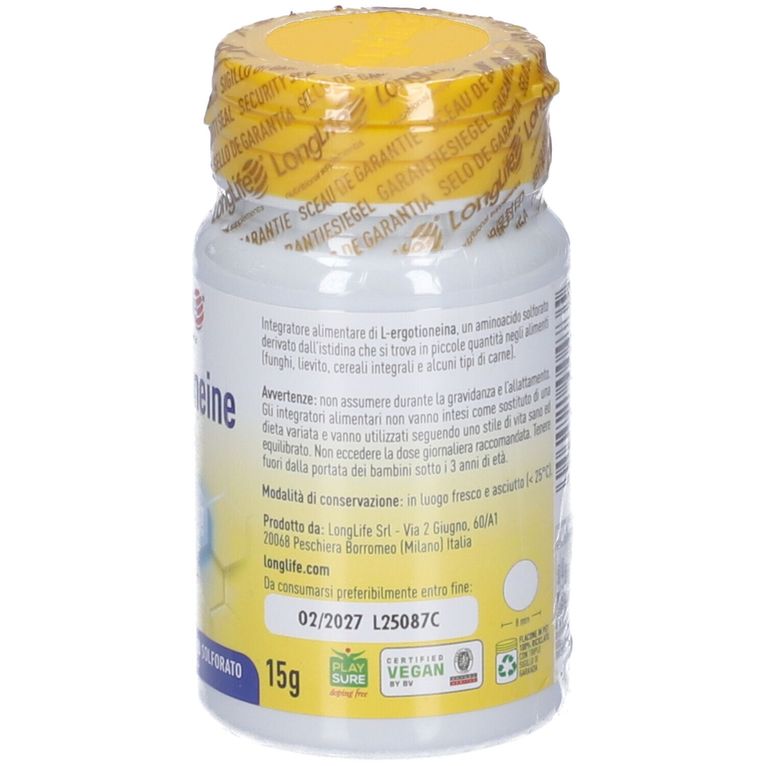 Retro del flacone di compresse di ergothioneina. Informazioni testuali, data di scadenza e tappo giallo.