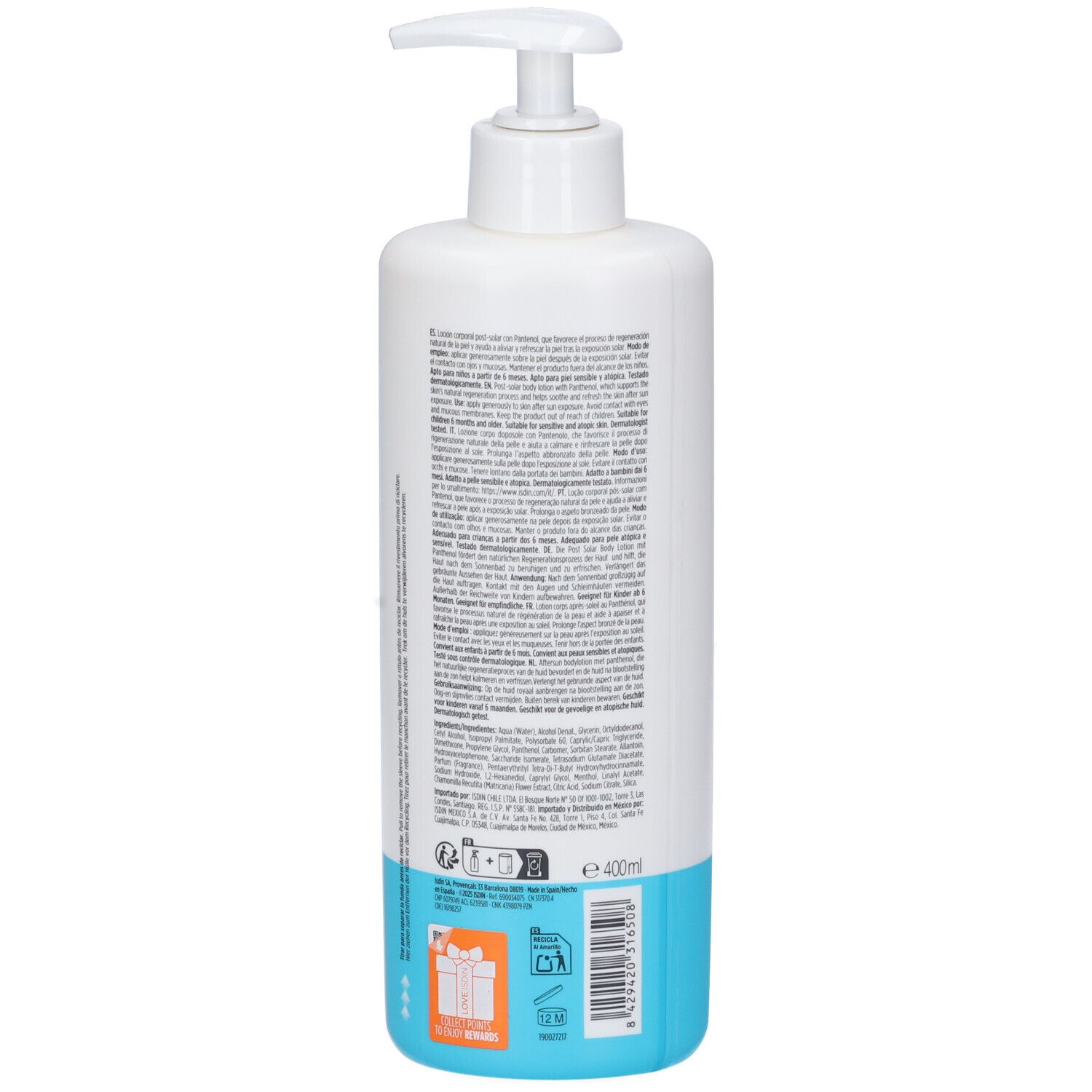 Retro del flacone bianco. Testo multilingue. Base blu. 400ml. Simboli di riciclaggio.