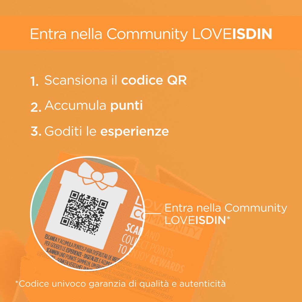 Codice QR e testo su sfondo arancione. Community LOVEISDIN.