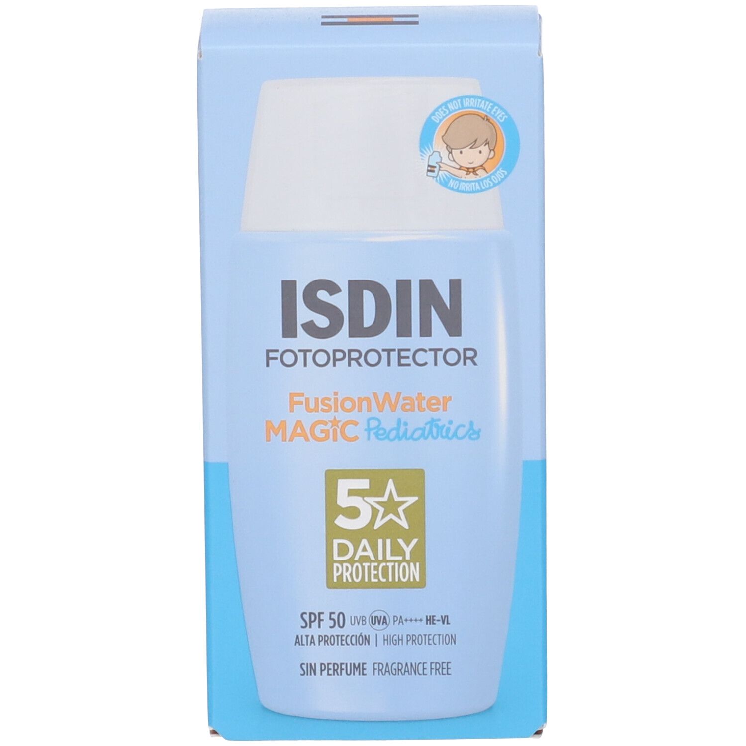 Confezione azzurra con flacone. Scritta: ISDIN, Fotoprotector, FusionWater, MAGIC Pediatrics, 5 Daily Protection, SPF 50, Alta Protezione.