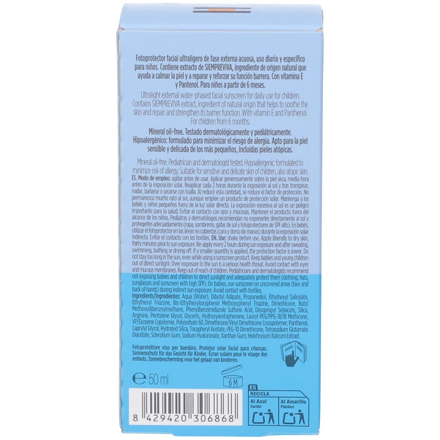 Retro della confezione. Testo multilingue. Contiene ingredienti e istruzioni per l'uso. Volume: 50 ml.