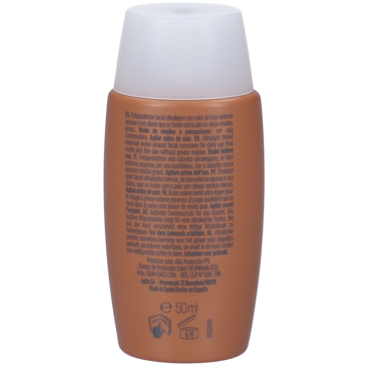 Retro di un flacone di crema solare marrone. Testo multilingue. Volume: 50 ml. Simboli di utilizzo e riciclaggio.