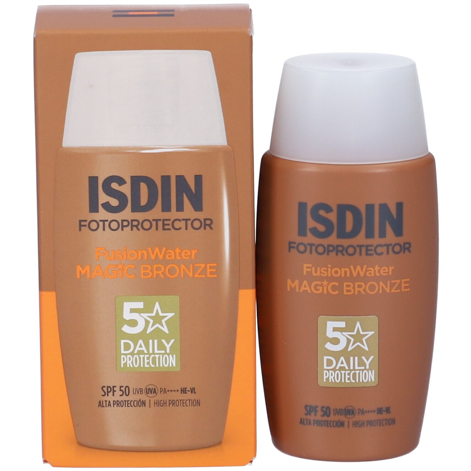 Flacone di crema solare e confezione. Flacone: marrone, tappo bianco. Confezione: marrone, arancione. Scritta: ISDIN, FusionWater Magic Bronze.