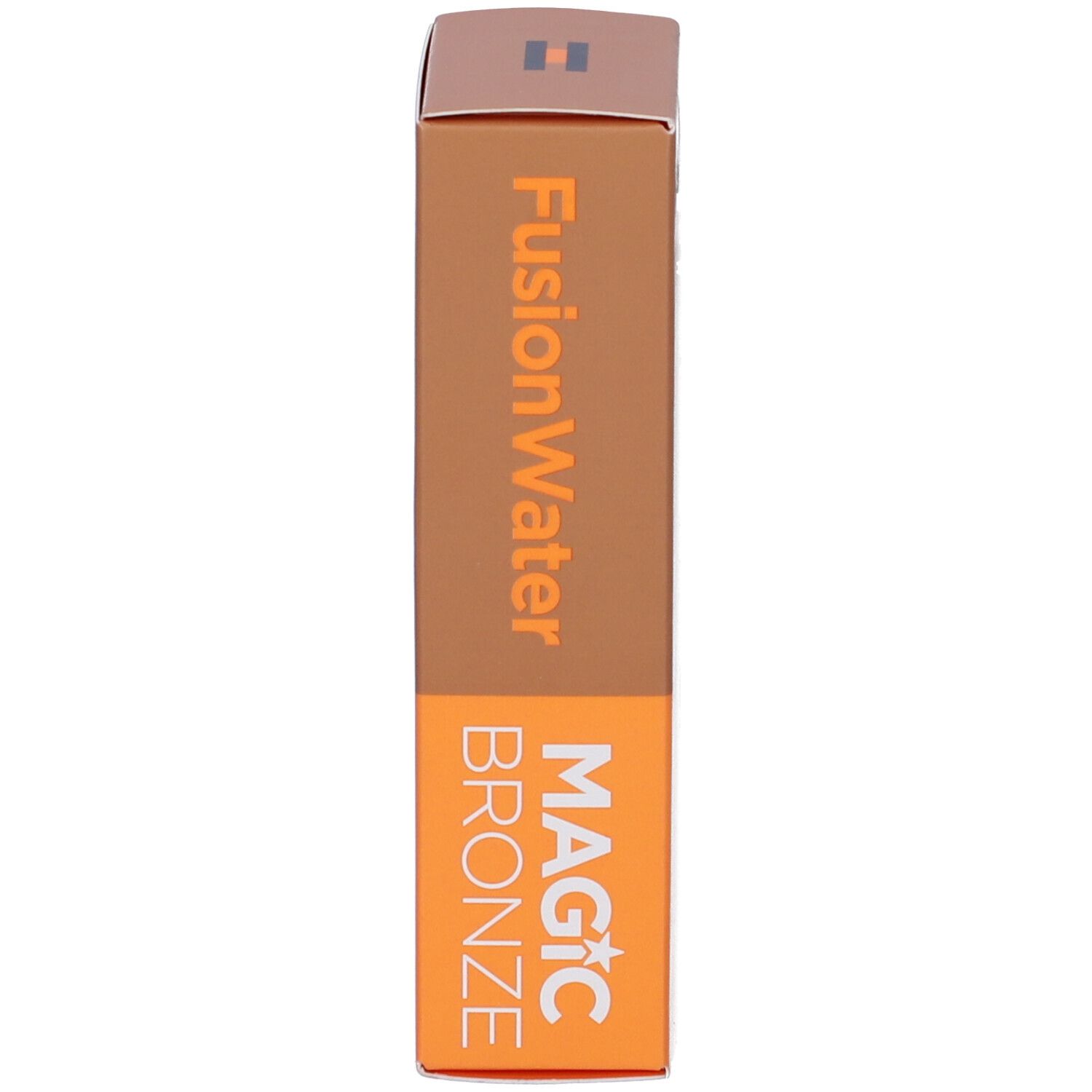 Confezione stretta. Marrone e arancione. Scritta: FusionWater, MAGIC BRONZE.