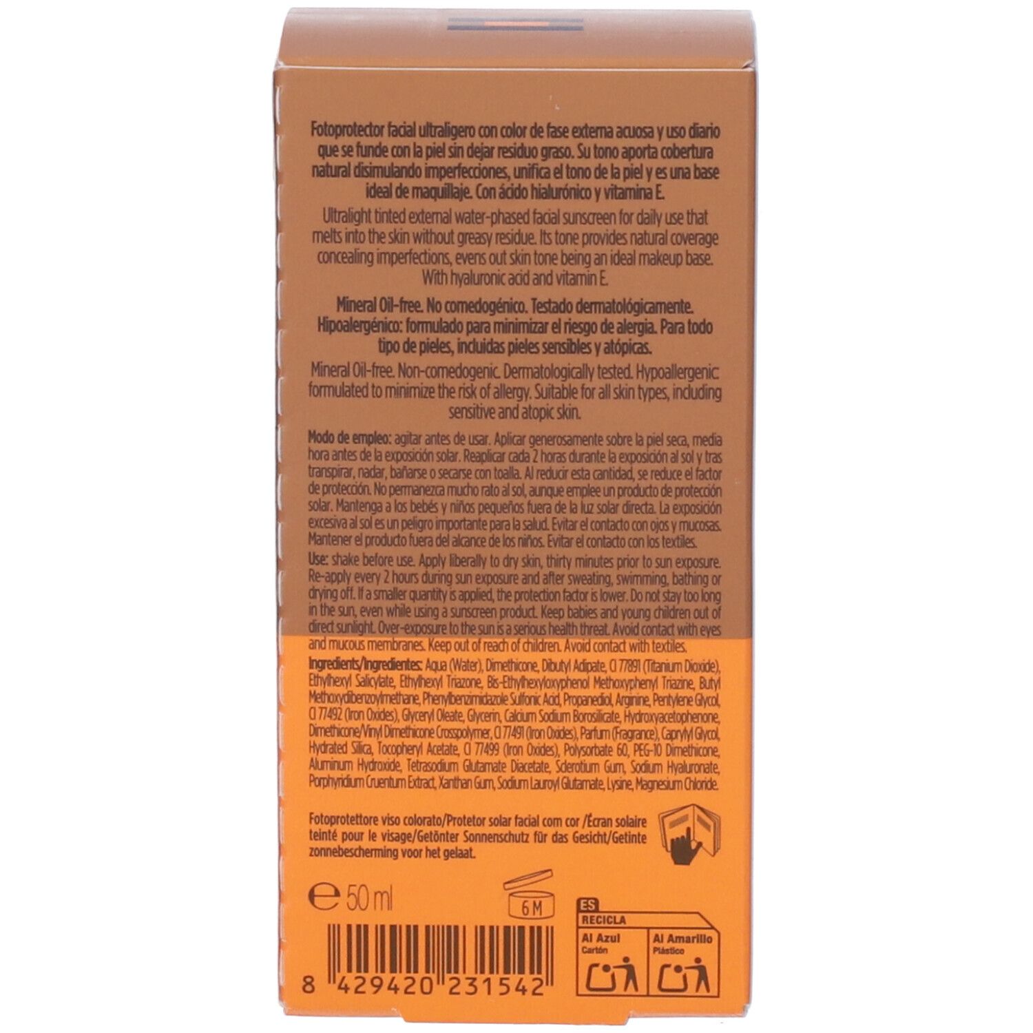 Confezione. Marrone e arancione. Testo multilingue. Ingredienti, istruzioni per l'uso, volume: 50 ml.