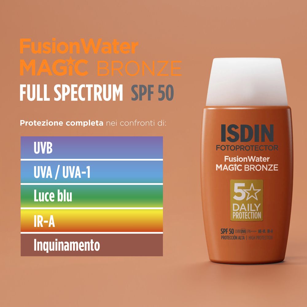Flacone di crema solare. ISDIN, Fusion Water, Magic Bronze, SPF 50. Testo. Spettro completo, protezione UV, IR-A, inquinamento.