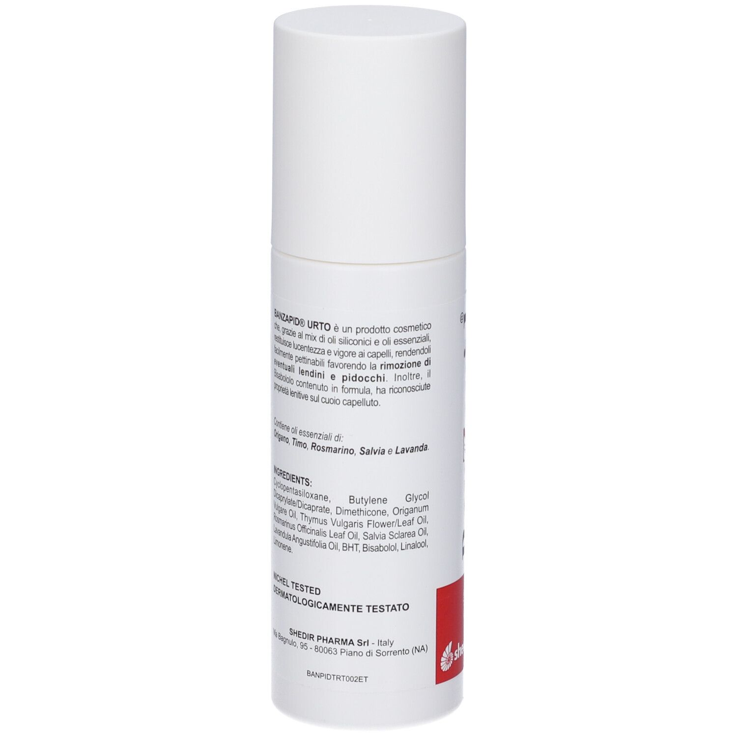 Spray bianco. Retro con testo in italiano. Etichetta rossa con logo e testo.