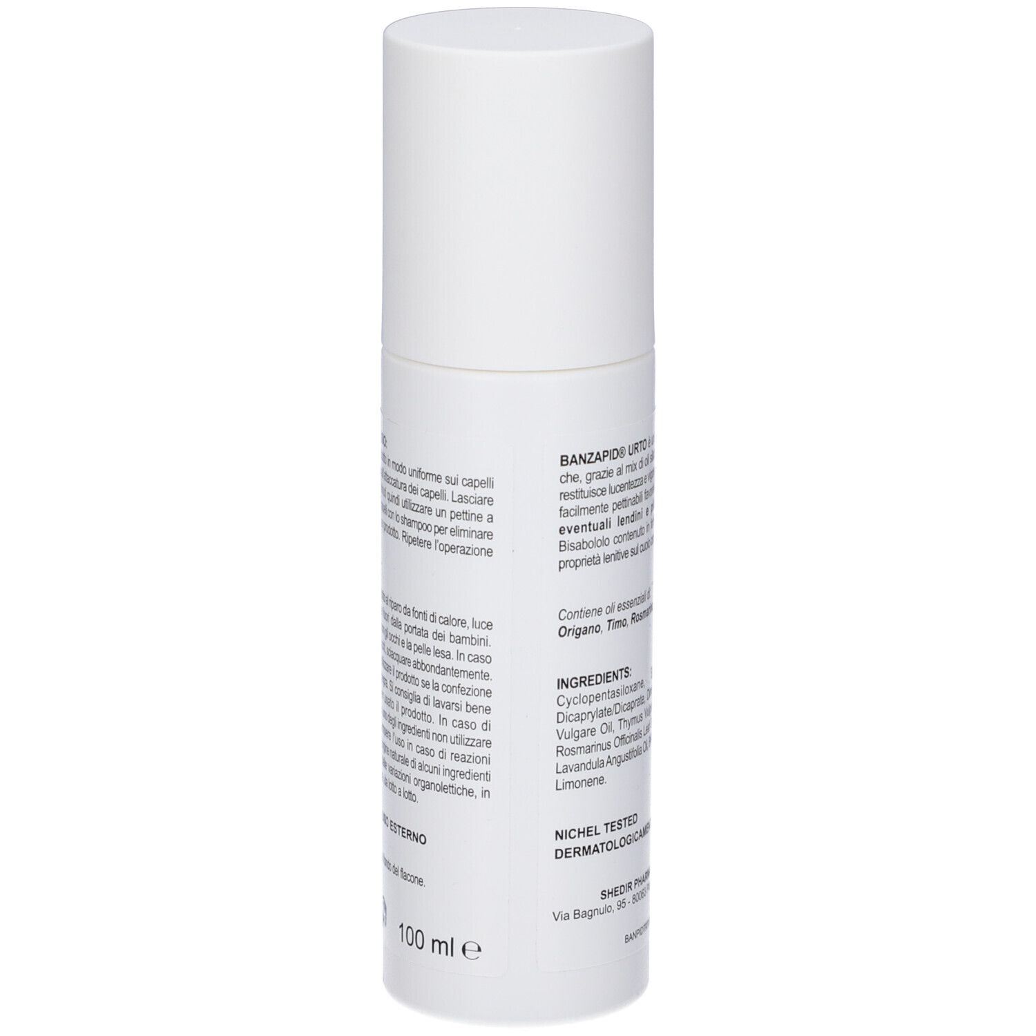 Spray bianco. Retro con testo in italiano. Etichetta rossa con logo e testo.