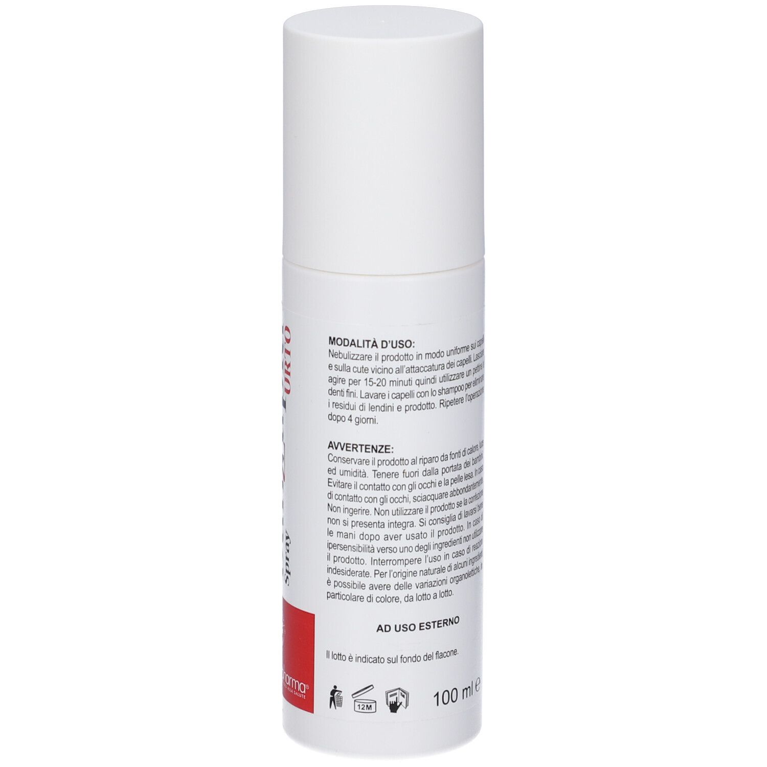 Spray bianco. Retro con testo in italiano. Etichetta rossa con logo e testo.