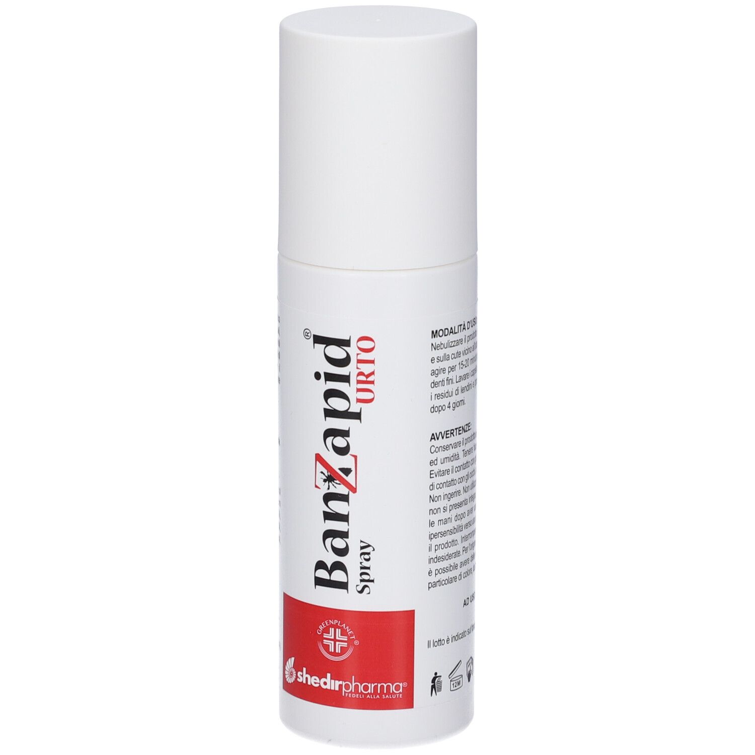 Spray bianco con etichetta rossa. Scritta: Banzapid Orto Spray. Logo: croce in cerchio rosso.