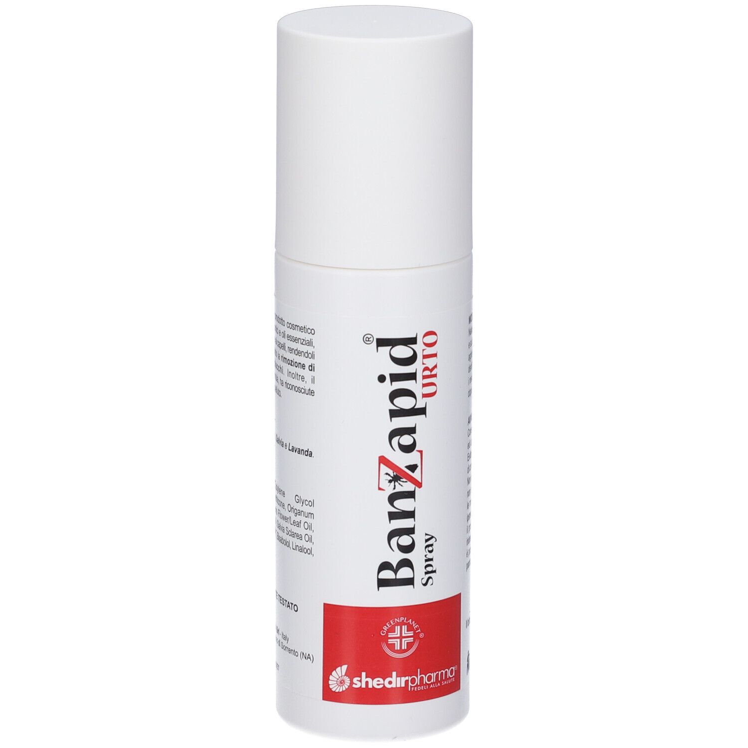 Spray bianco con etichetta rossa. Scritta: Banzapid Orto Spray. Logo: croce in cerchio rosso.