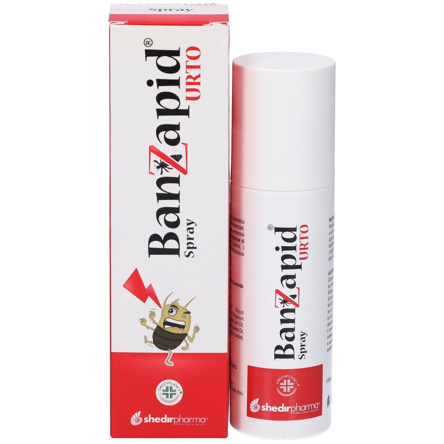 Confezione prodotto. Scatola bianca con spray. Scritta: Banzapid Orto Spray. Logo: insetto e fulmine.
