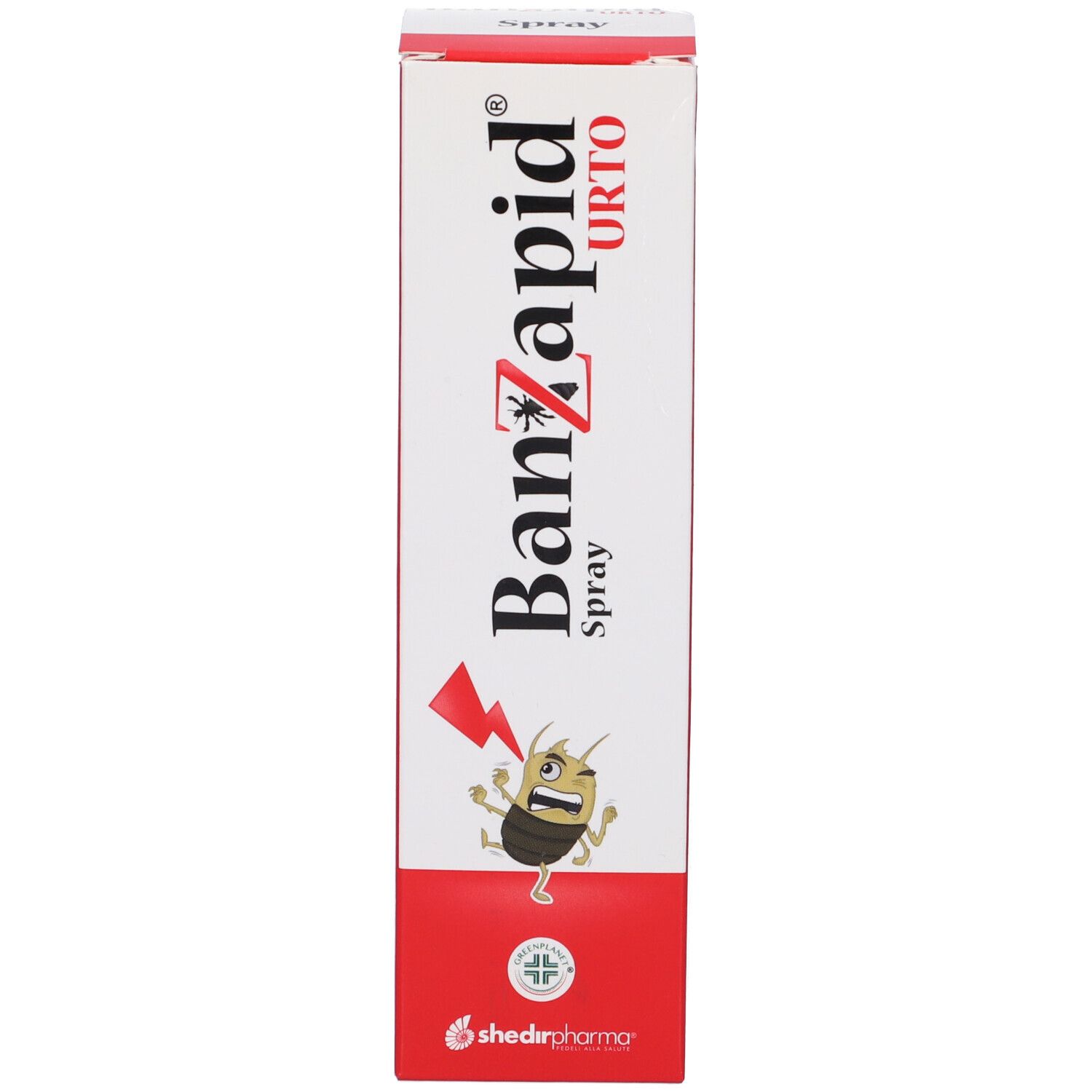 Confezione prodotto. Scatola bianca con scritta: Banzapid Orto Spray. Logo: insetto e fulmine.