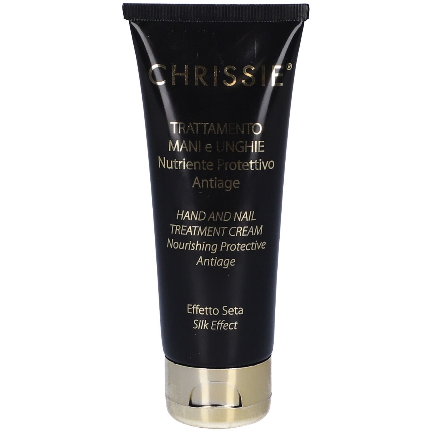 Tubo nero con tappo dorato. Testo: Chrissie, Trattamento Mani e Unghie, Hand and Nail Treatment Cream.