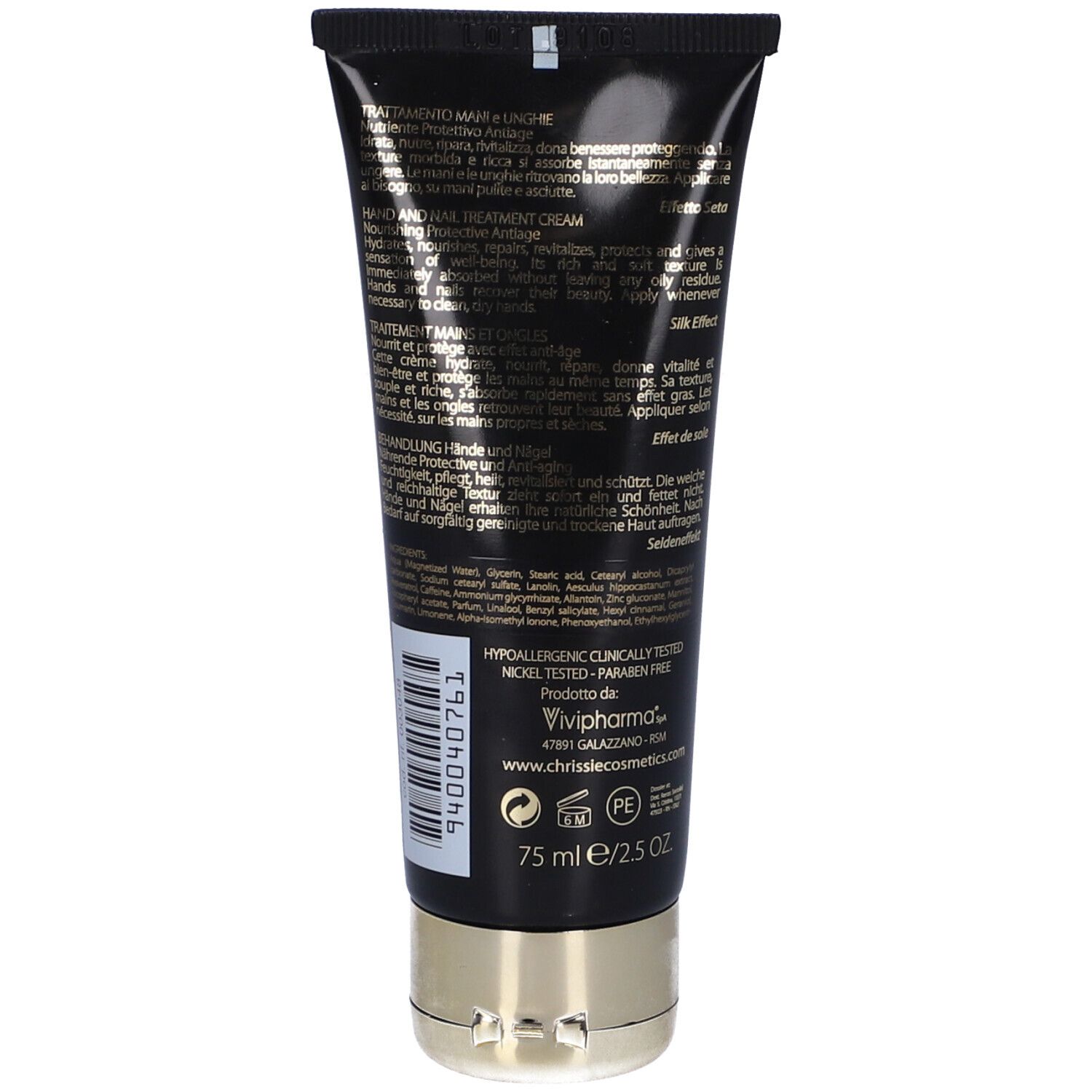 Retro del tubo. Testo: Ingredienti, informazioni produttore, 75 ml/2.5 OZ, Nickel Tested, Paraben Free.