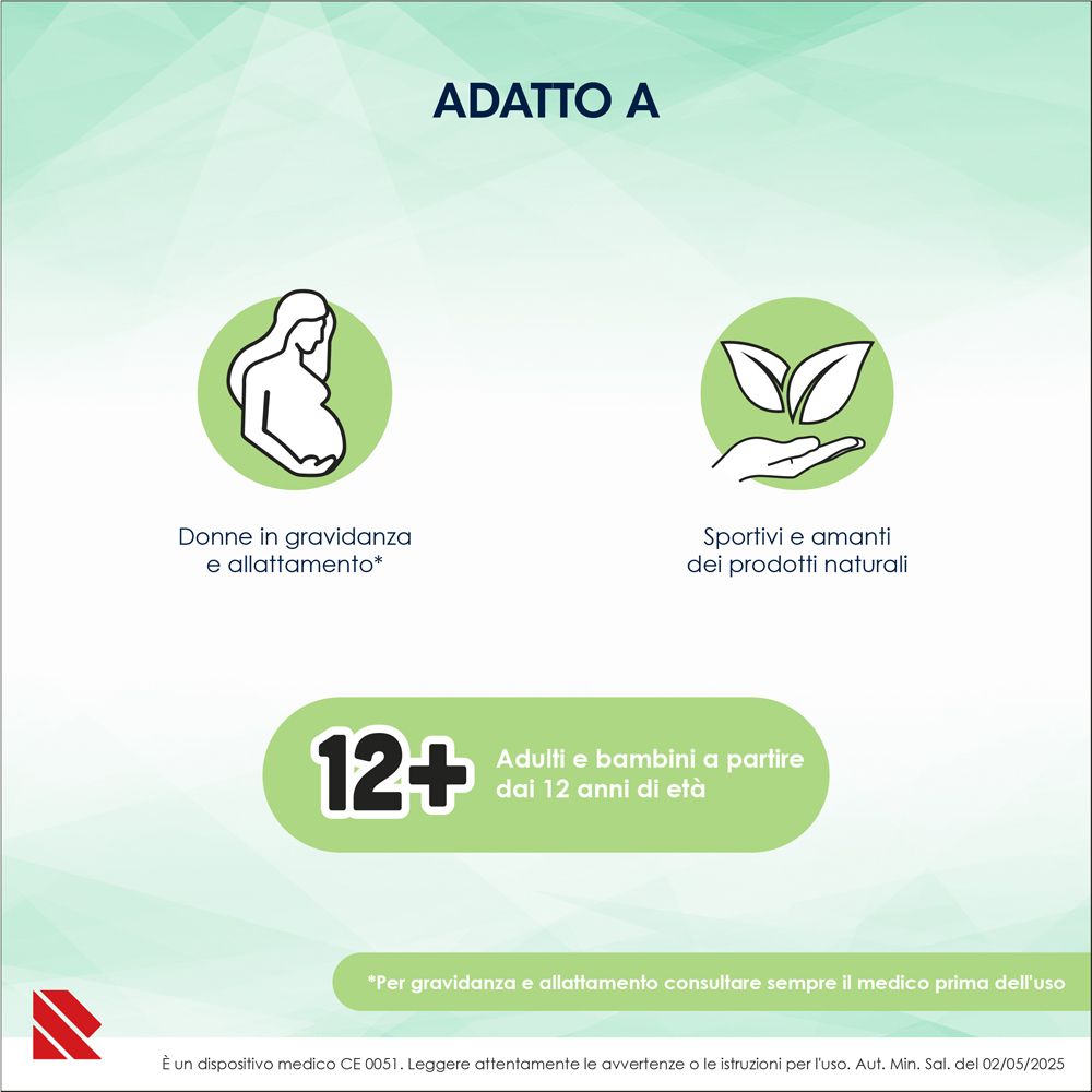 Simboli che indicano l'idoneità di Proctolyn Natura Crema: donne in gravidanza, allattamento, sportivi, amanti dei prodotti naturali, dai 12 anni.