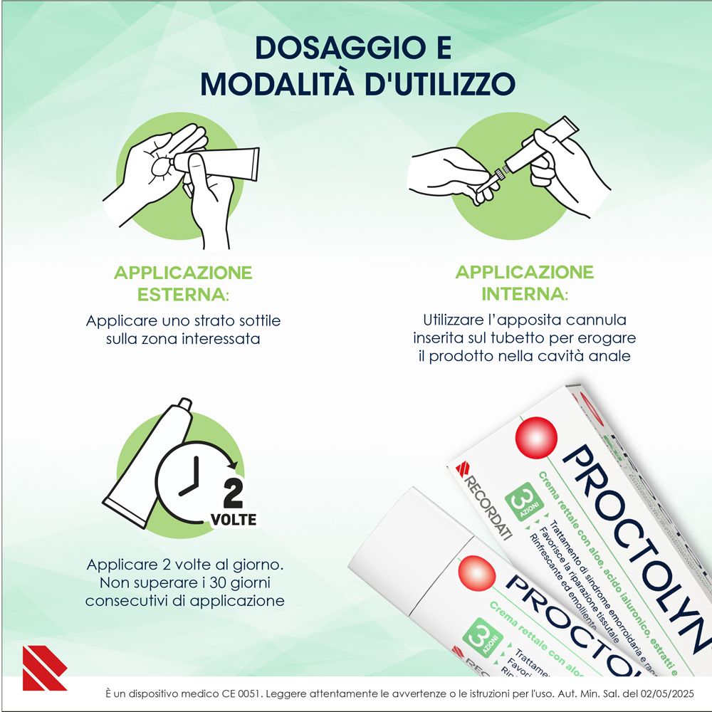 Istruzioni per l'uso di Proctolyn Natura Crema: applicazione esterna e interna con tubo e applicatore.
