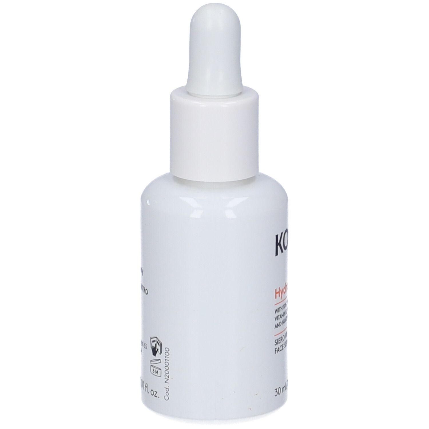 Flacone bianco con contagocce. Scritte: KORFF, Hydra Energy C, Glow. Contiene vitamina C, E, resveratrolo e niacinamide. 30 ml.