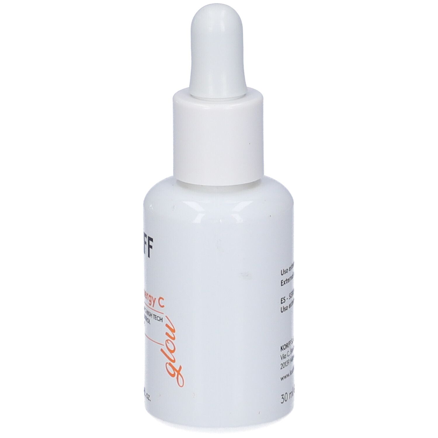 Flacone bianco con contagocce. Scritte: KORFF, Hydra Energy C, Glow. Contiene vitamina C, E, resveratrolo e niacinamide. 30 ml.