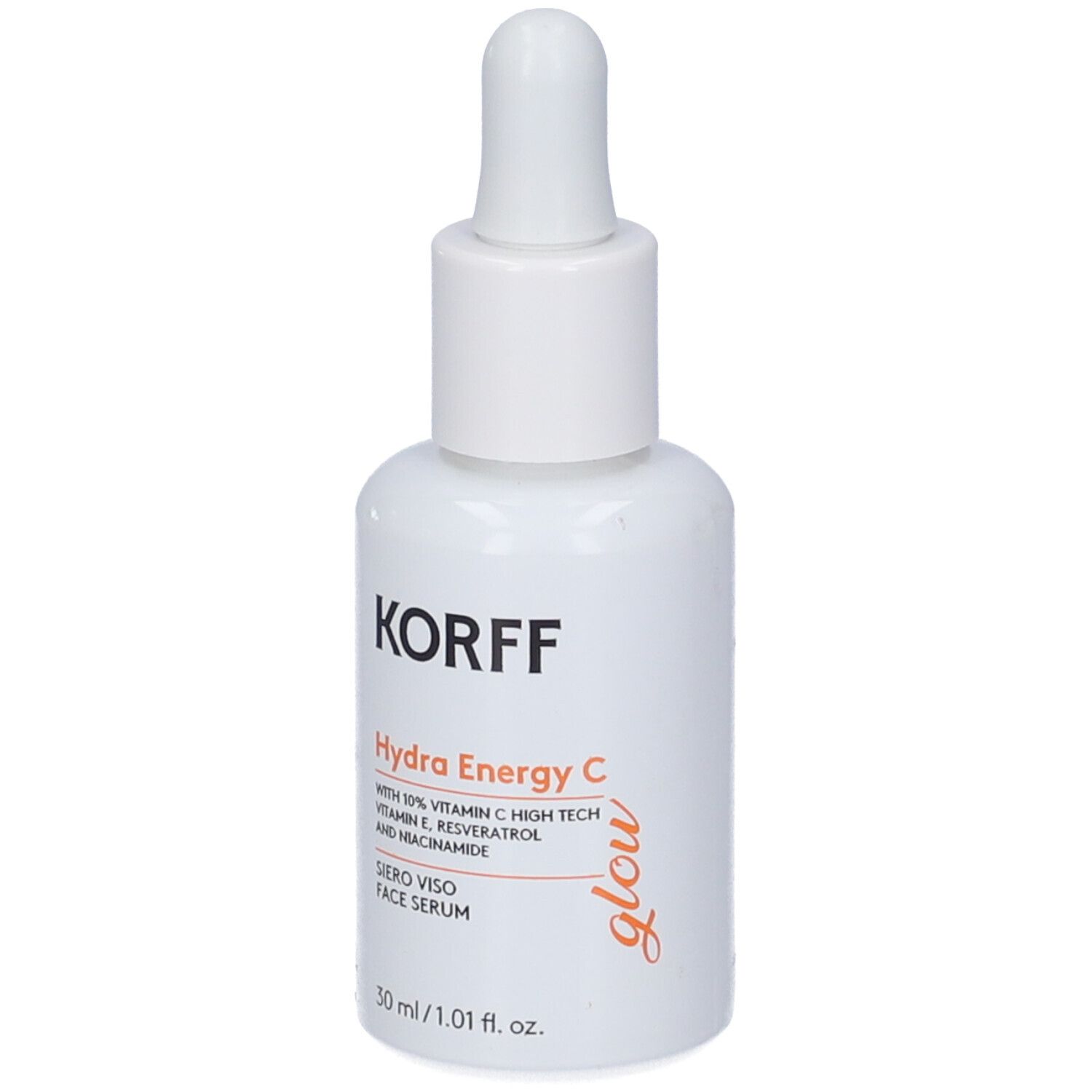 Flacone bianco con contagocce. Scritte: KORFF, Hydra Energy C, Glow. Contiene vitamina C, E, resveratrolo e niacinamide. 30 ml.