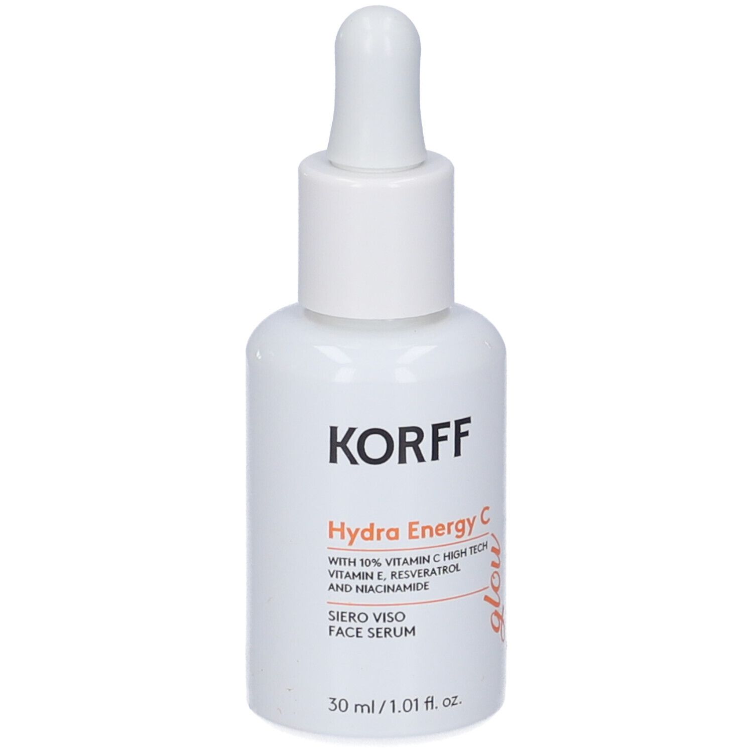 Flacone bianco con contagocce. Scritte: KORFF, Hydra Energy C, Glow. Contiene vitamina C, E, resveratrolo e niacinamide. 30 ml.