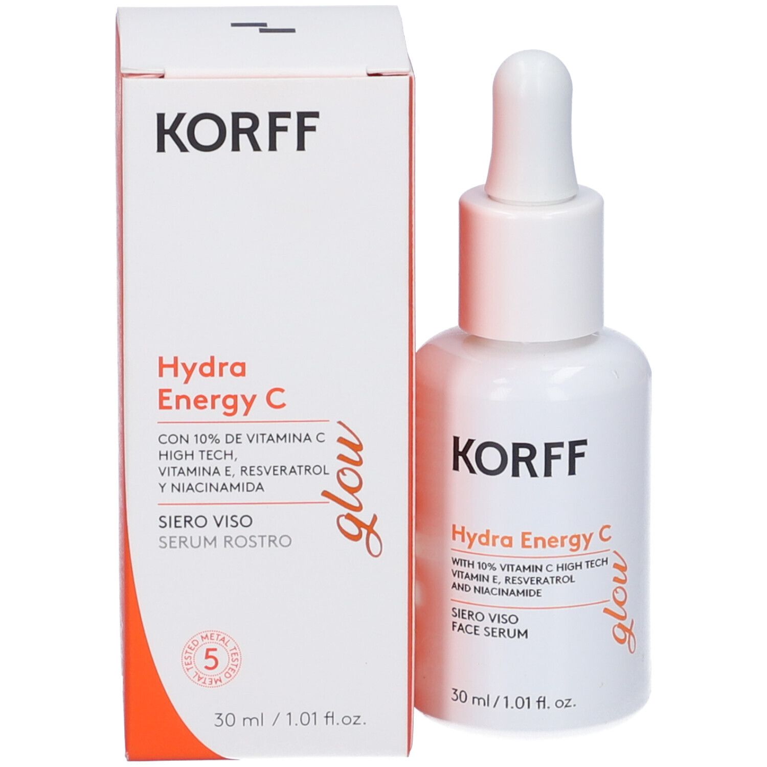 Confezione prodotto. Scatola bianca con KORFF, Hydra Energy C, Glow. Contiene siero. 30 ml. Con marchio di qualità.