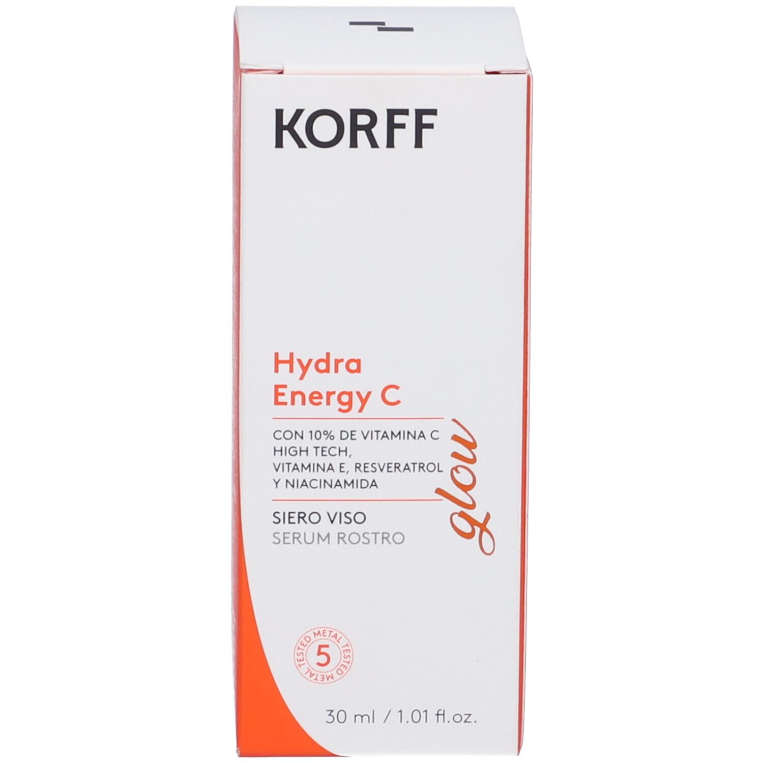 Confezione prodotto. Scatola bianca con KORFF, Hydra Energy C, Glow. Contiene siero. 30 ml. Con marchio di qualità.